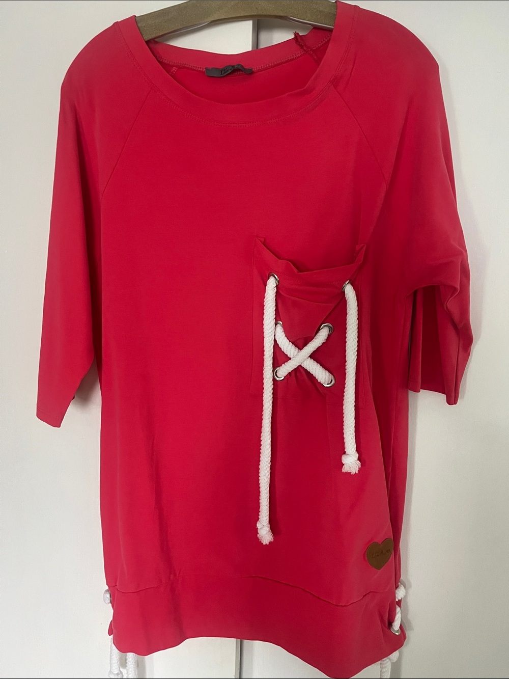 Red Pullover Top with Rope Lace Pocket